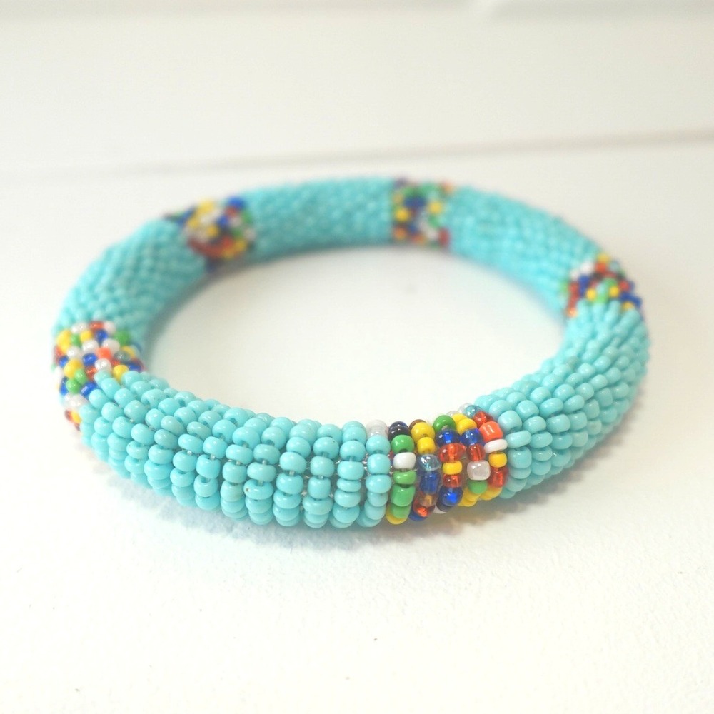 Vintage Beaded Bangle Bracelet Native Seed Beads Teal Blue Multi-Color Chunky